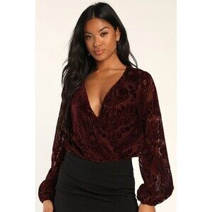 Lulus Gorgeous Radiance Burgundy Velvet Burnout Long Sleeve Bodysuit Red